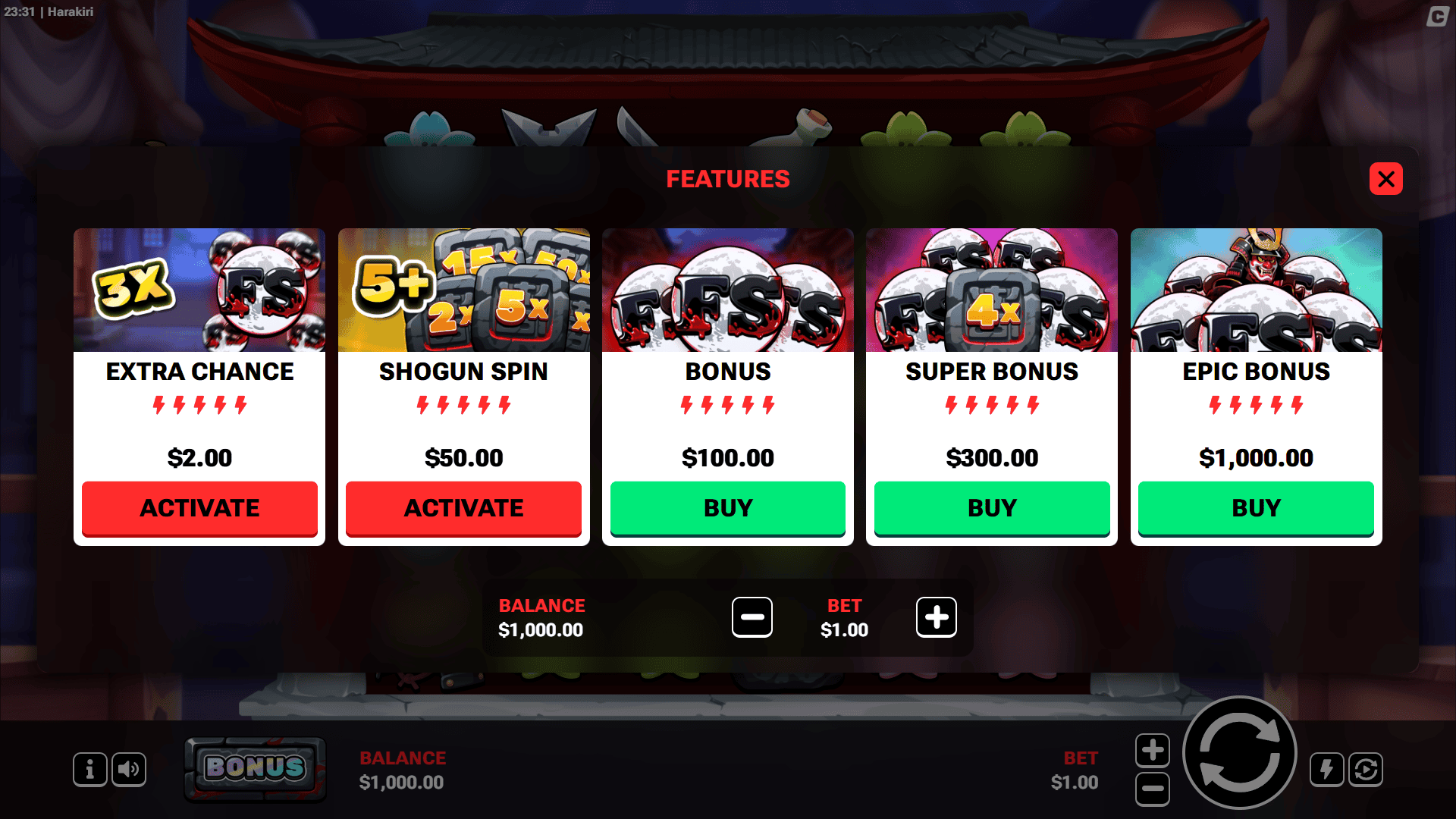 Harakiri bonus buy menu
