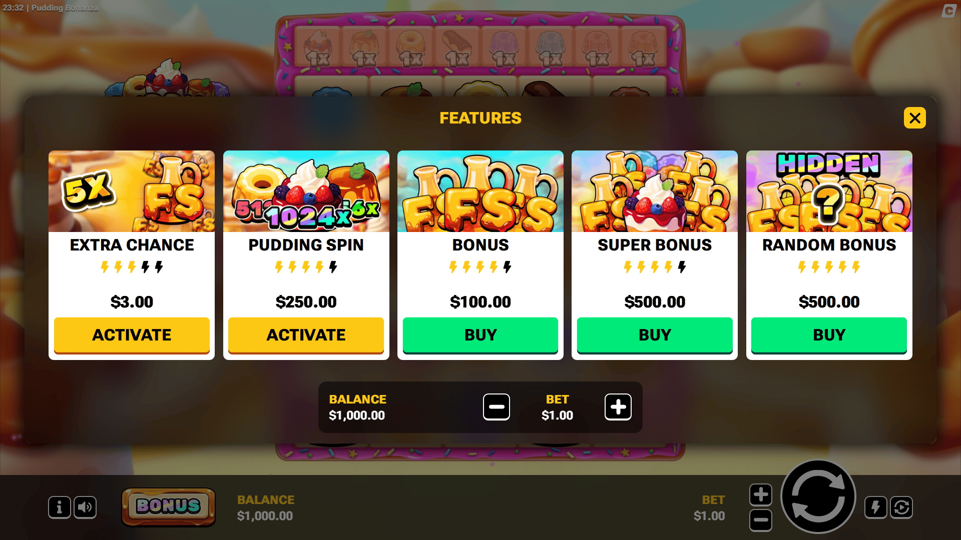 Pudding Bonanza bonus buy menu
