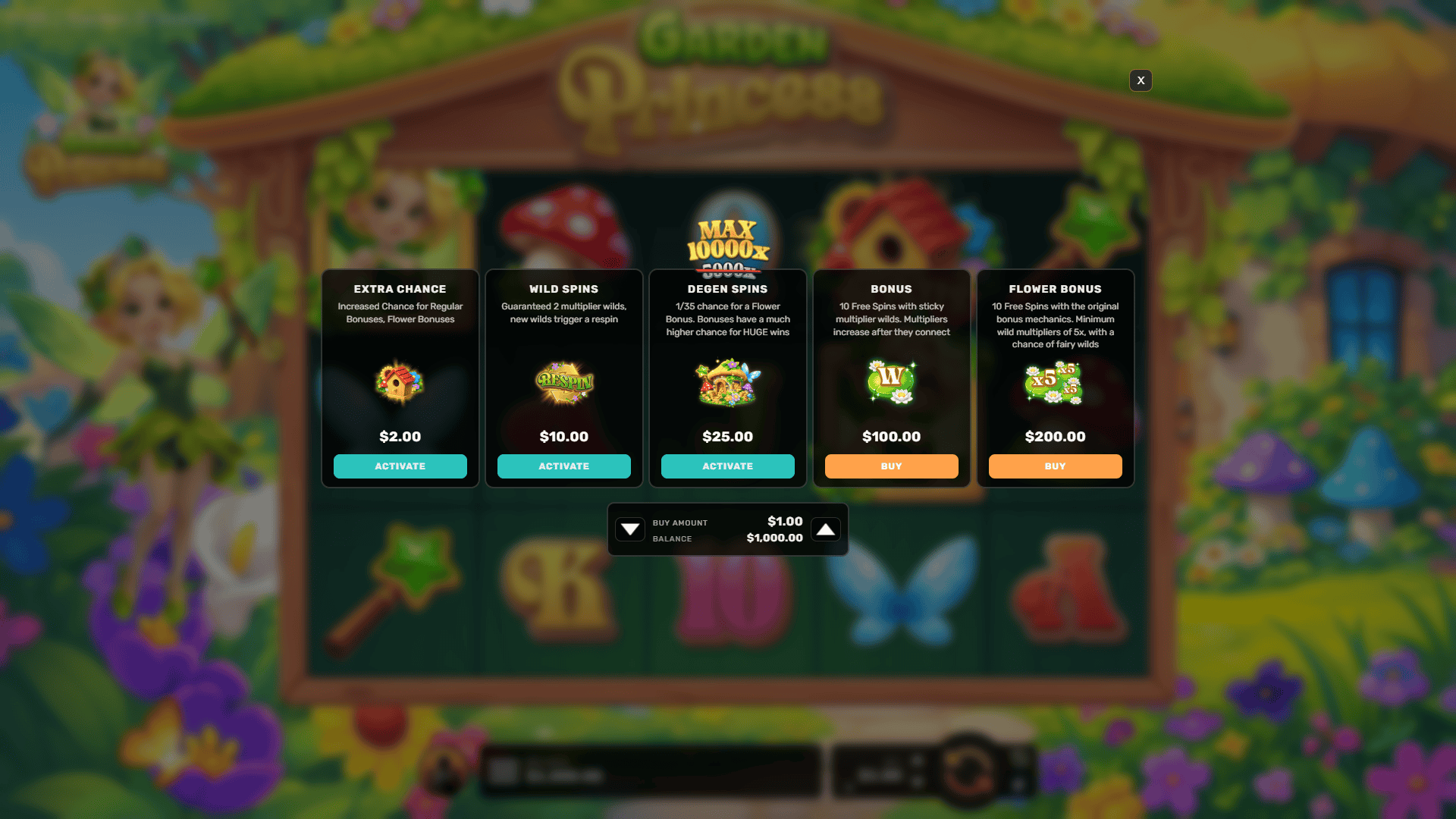 Garden Princess bonus buy menu