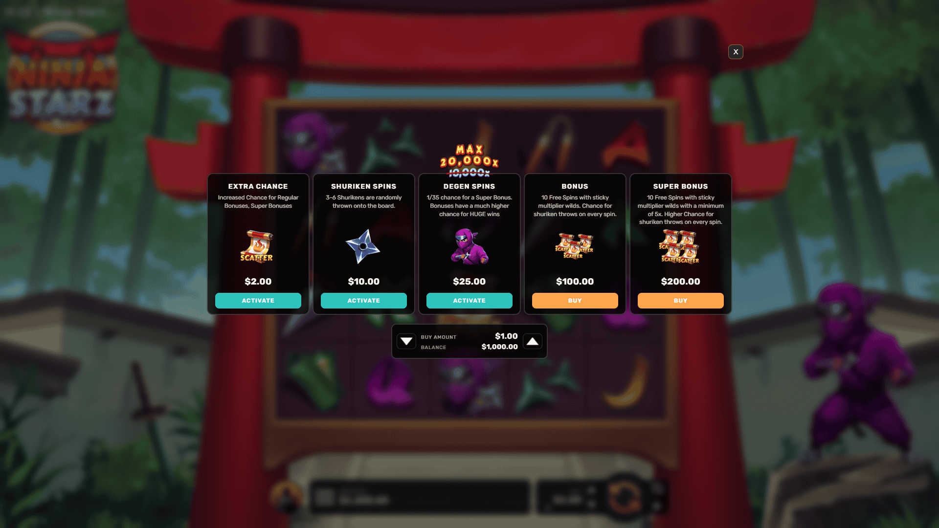 Ninja Starz bonus buy menu