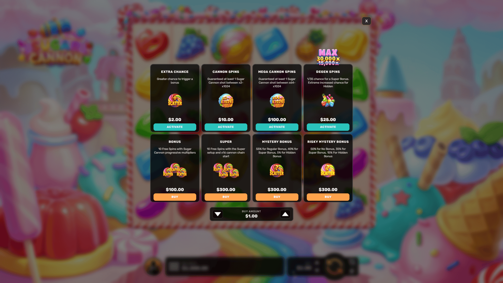 Sugar Cannon bonus buy menu