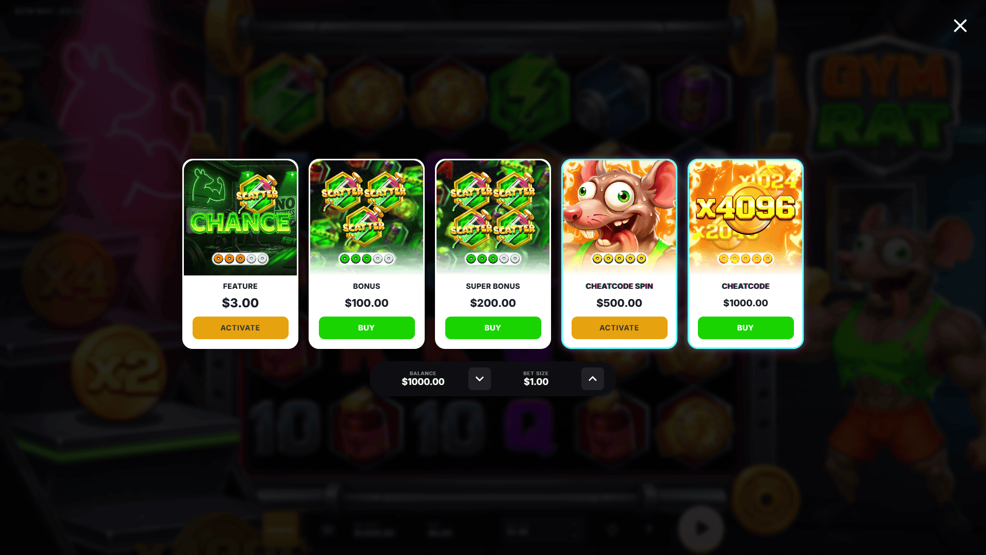 Gym Rat bonus buy menu