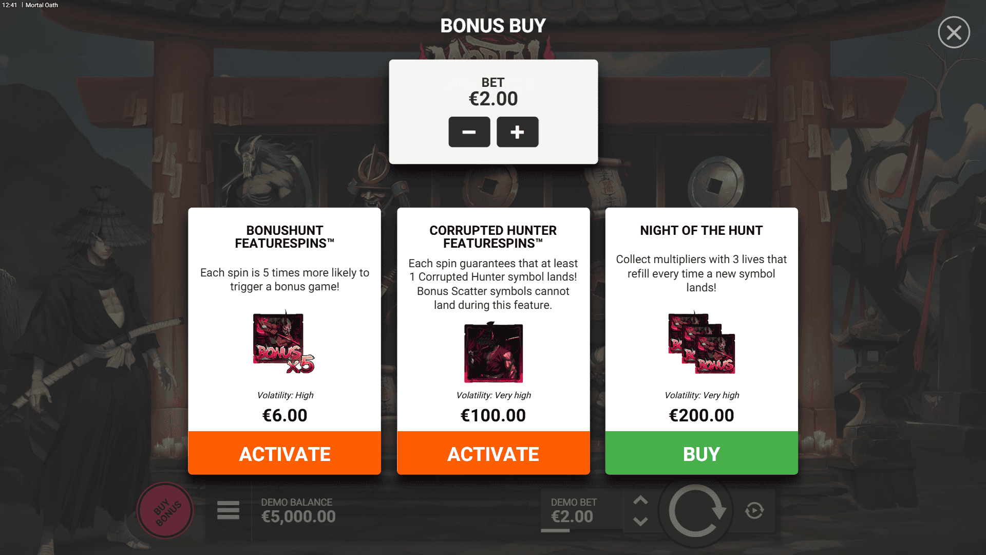 Mortal Oath bonus buy menu
