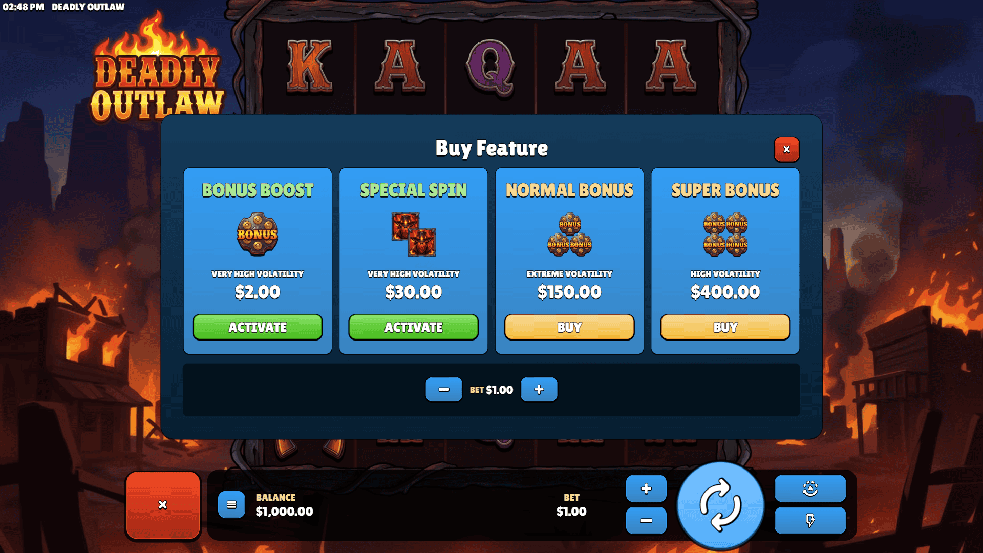 Deadly Outlaw bonus buy menu