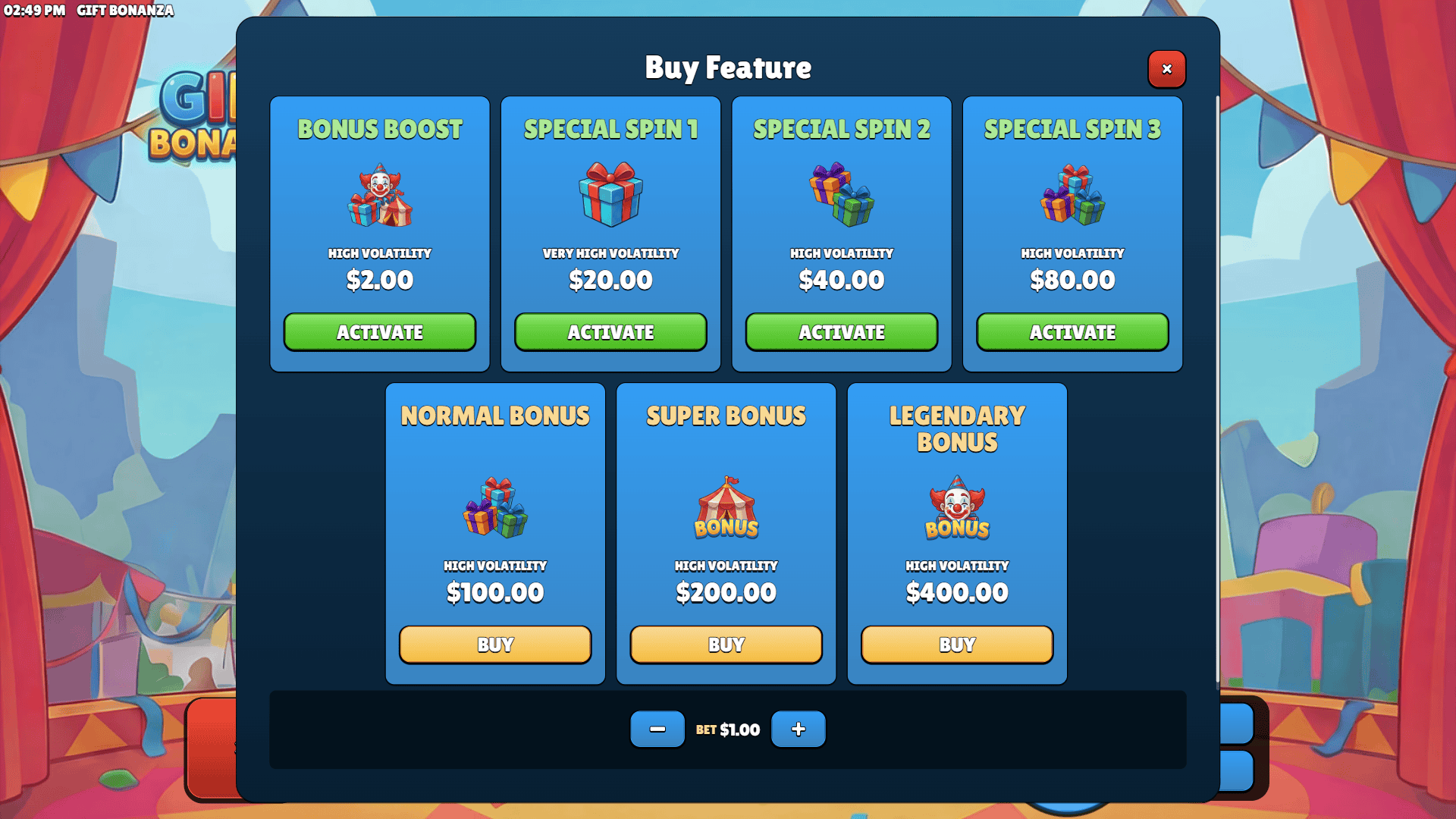 Gift Bonanza bonus buy menu