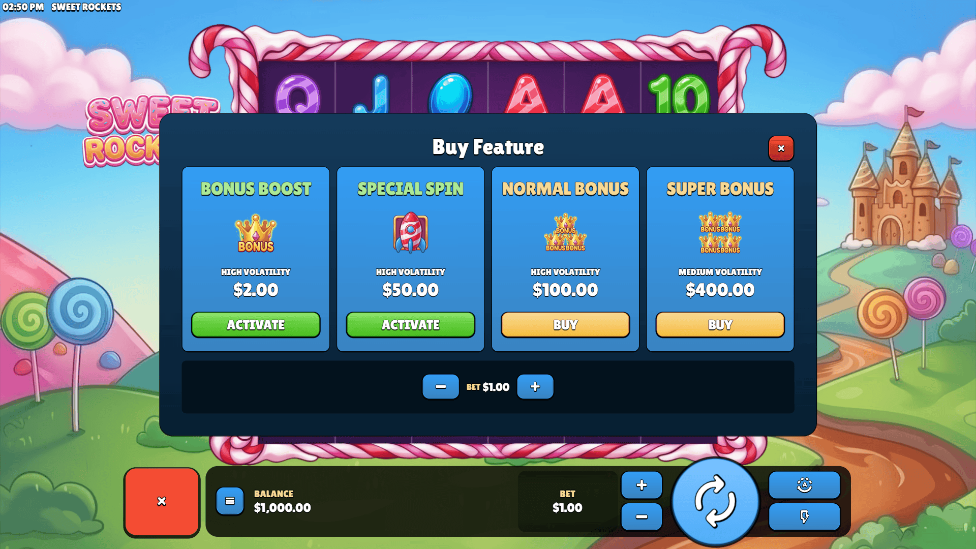 Sweet Rockets bonus buy menu