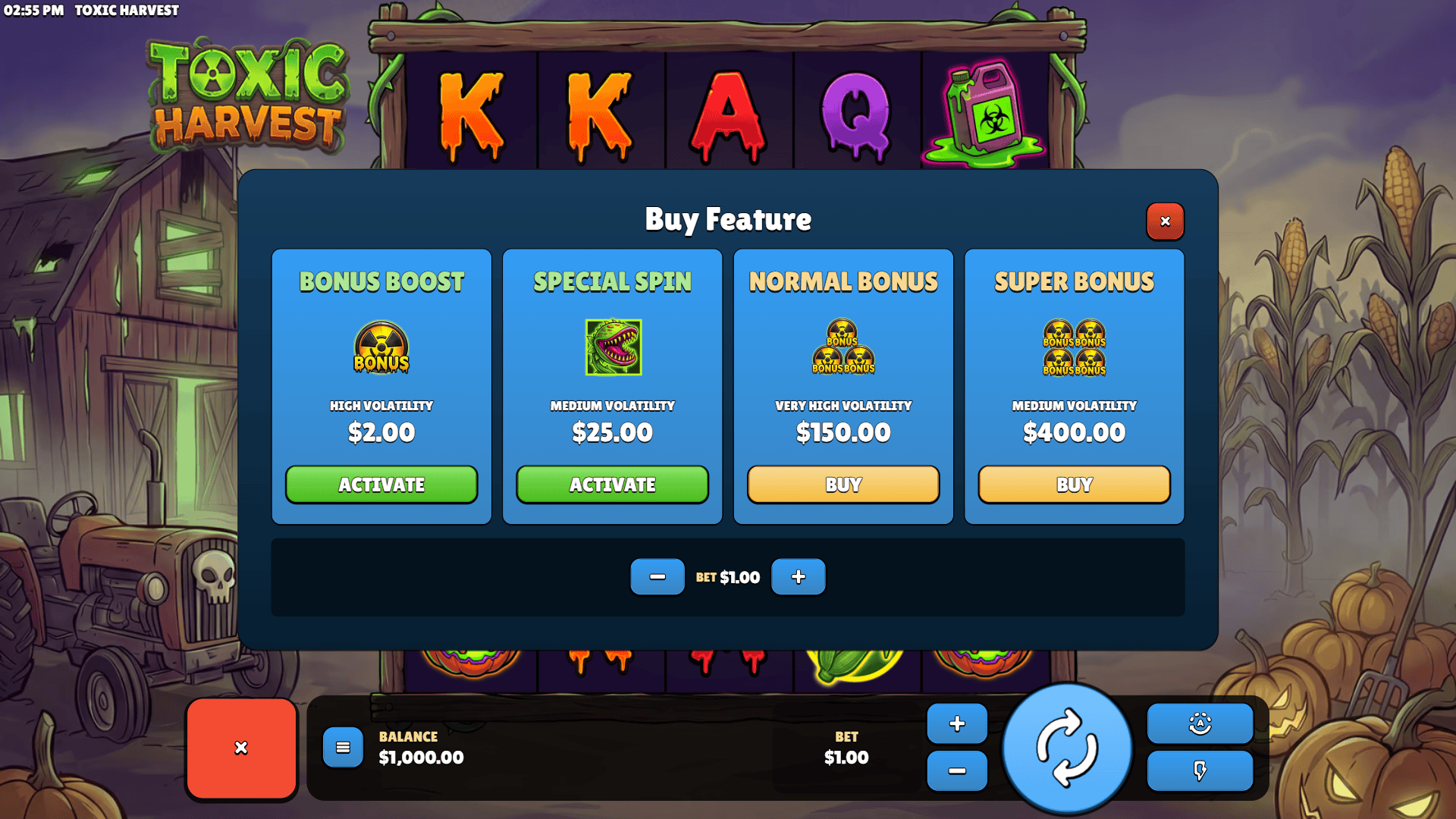 Toxic Harvest bonus buy menu