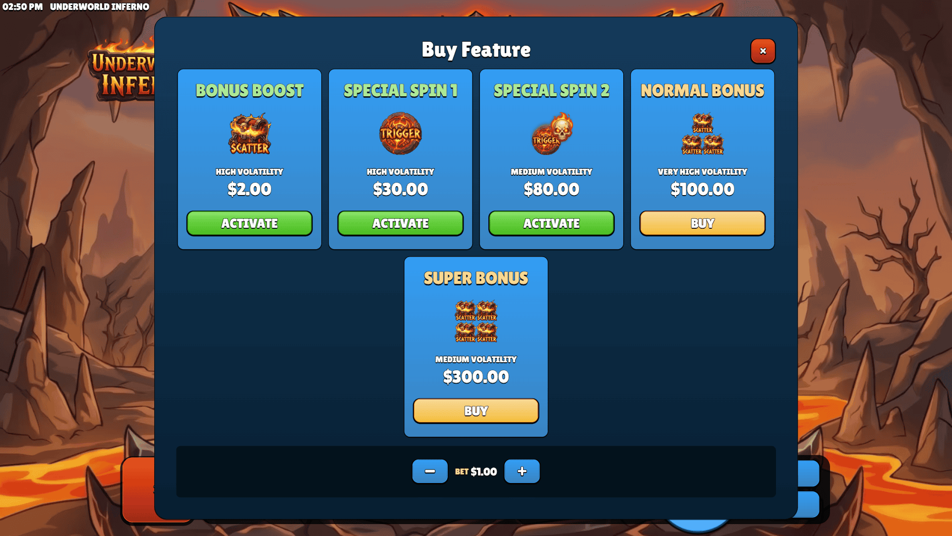 Underworld Inferno bonus buy menu