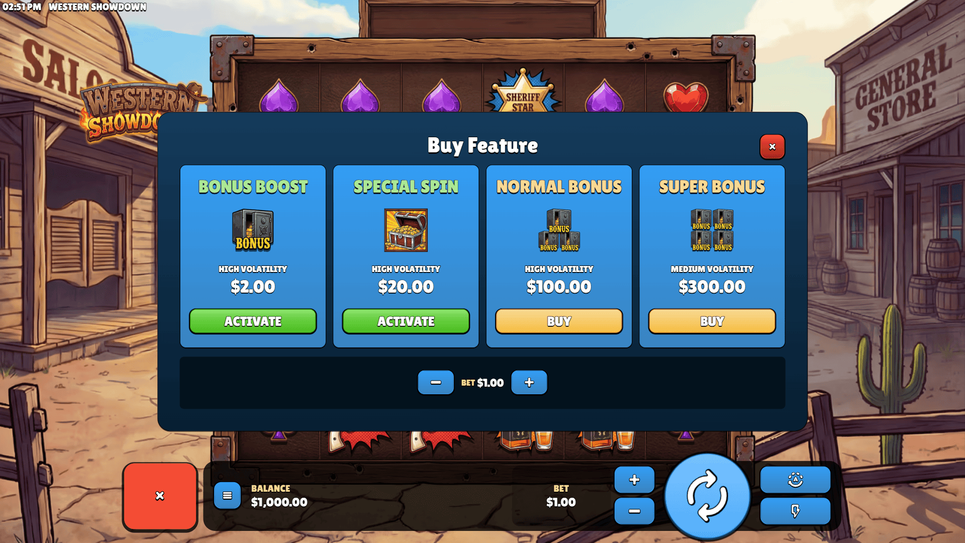Western Showdown bonus buy menu