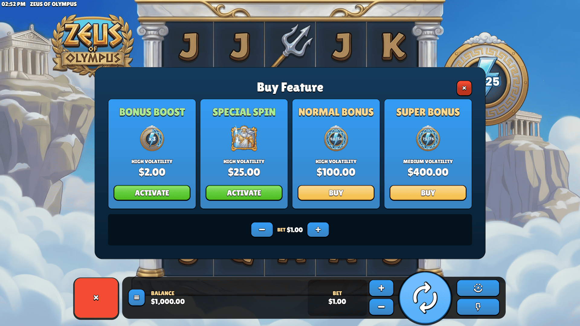 Zeus of Olympus bonus buy menu