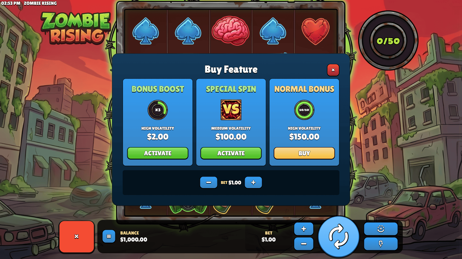 Zombie Rising bonus buy menu