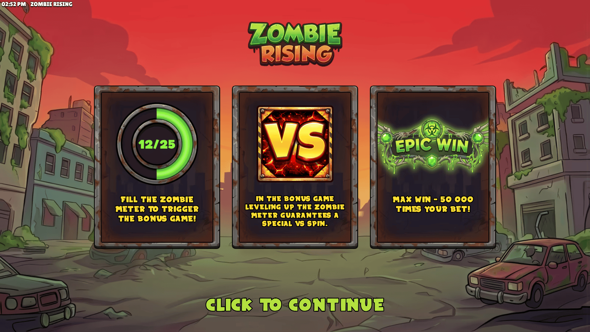 Zombie Rising slot intro screen