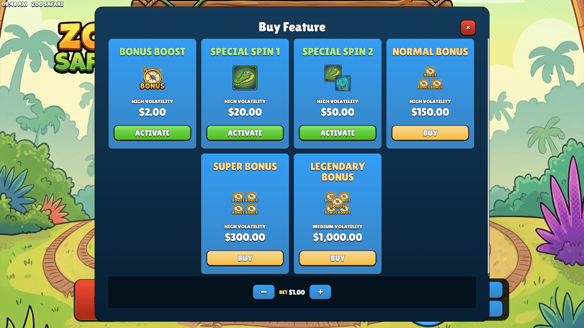Zoo Safari bonus buy menu
