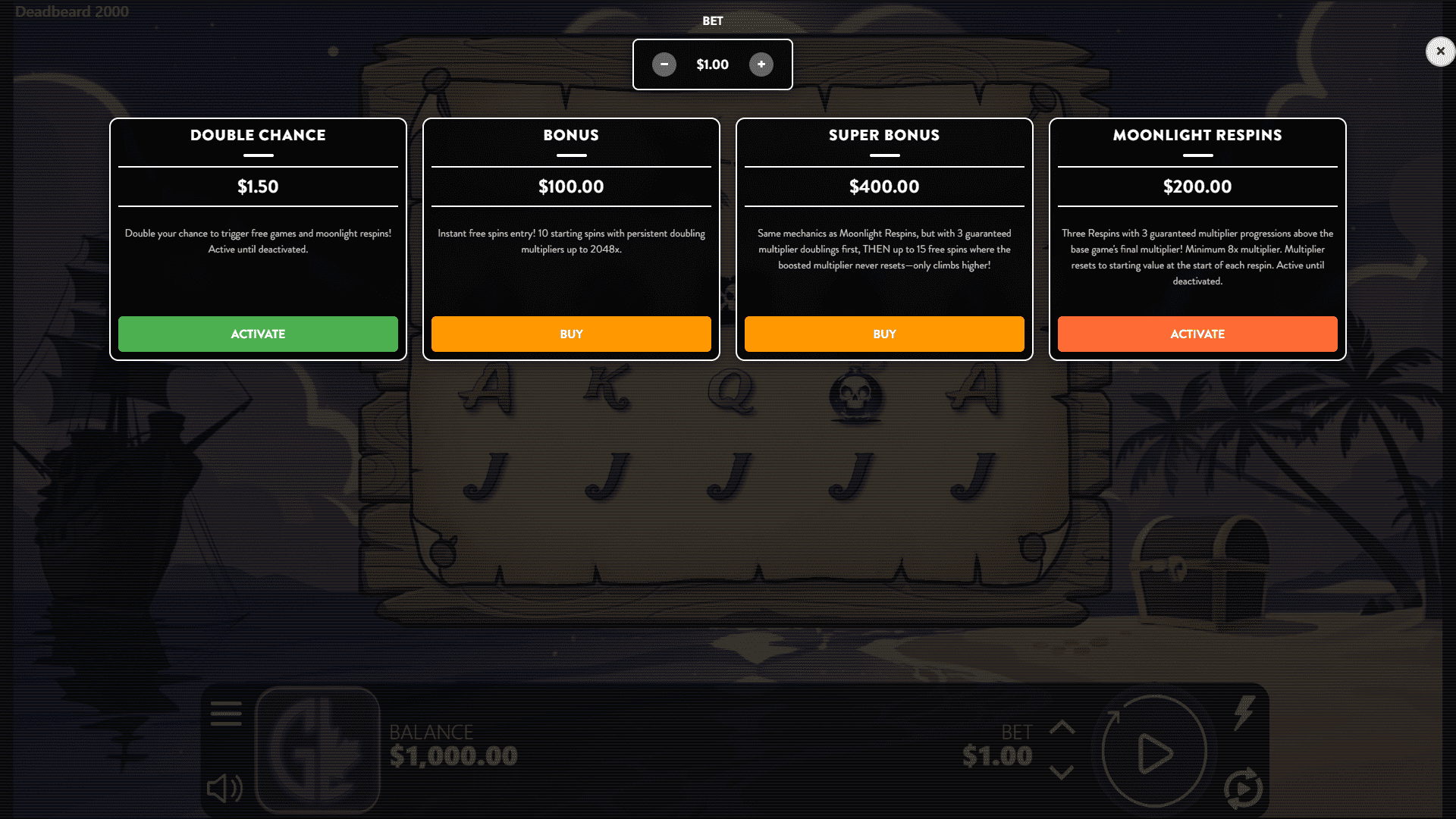 Deadbeard 2000 bonus buy menu