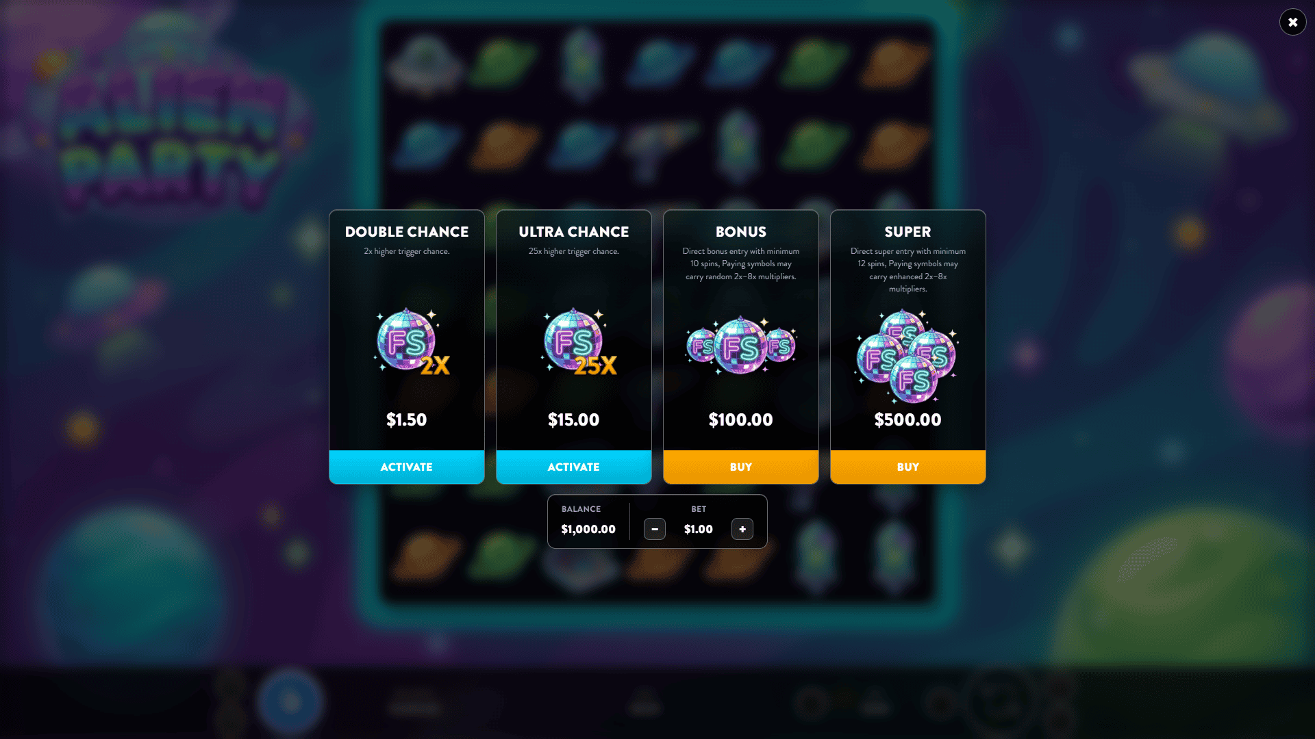 Alien Party bonus buy menu