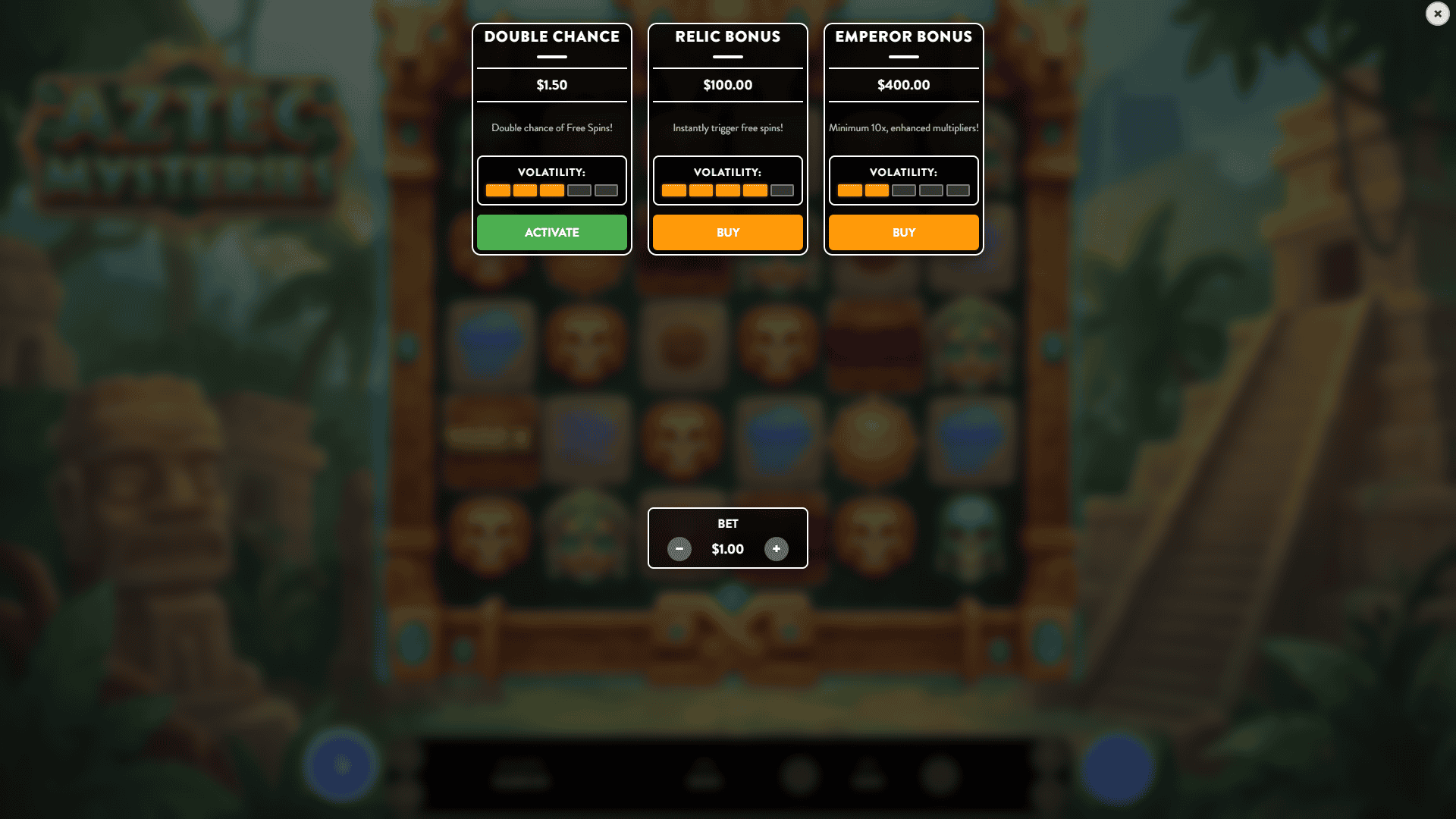 Aztec Mysteries bonus buy menu