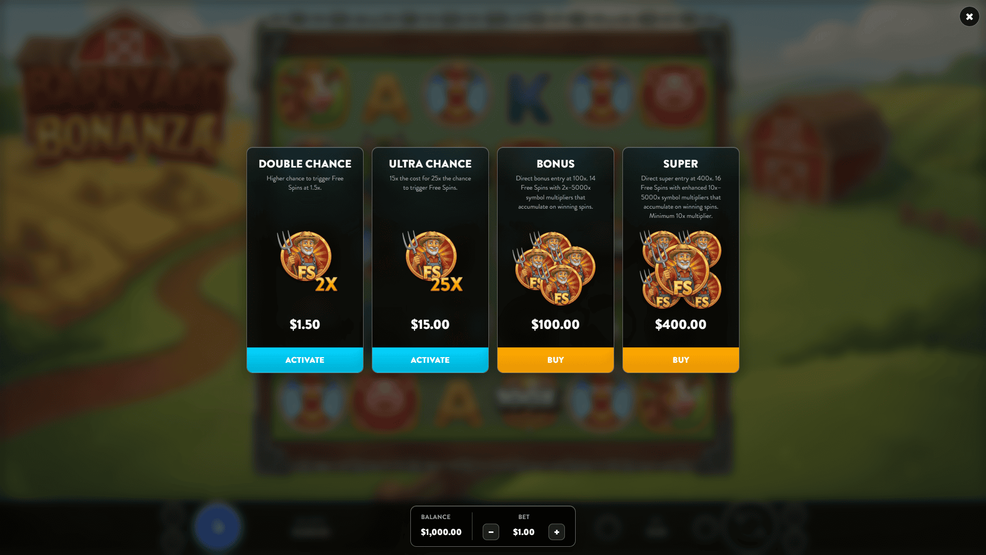 Barnyard Bonanza bonus buy menu