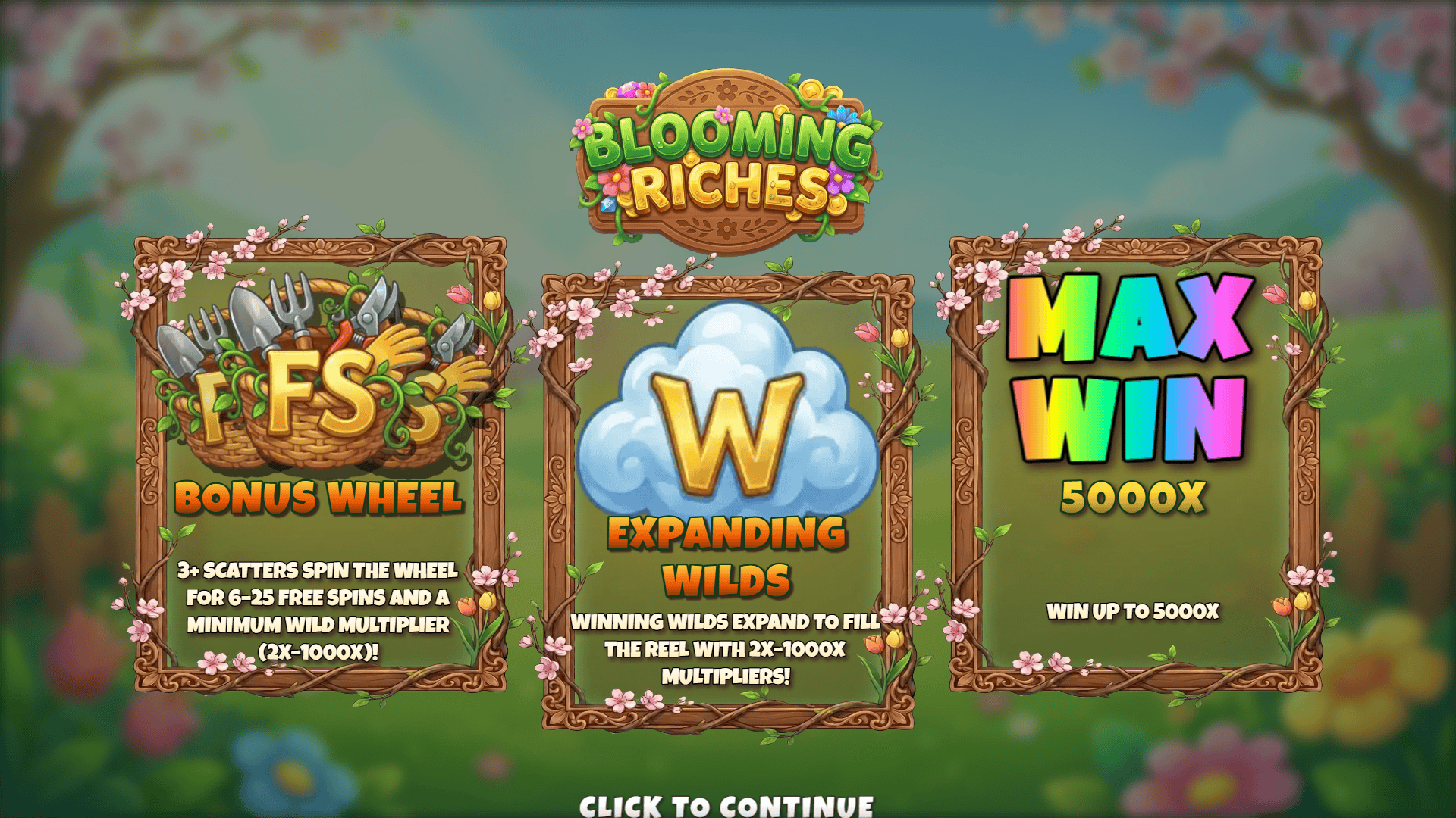Blooming Riches slot intro screen