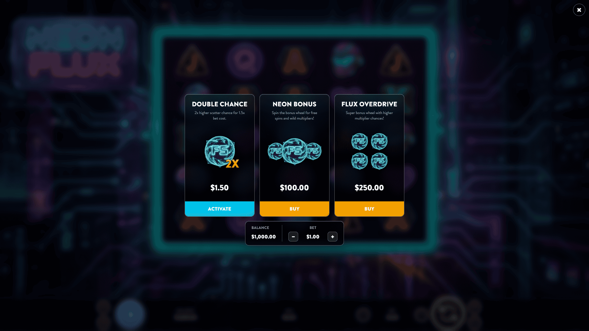 Neon Flux bonus buy menu