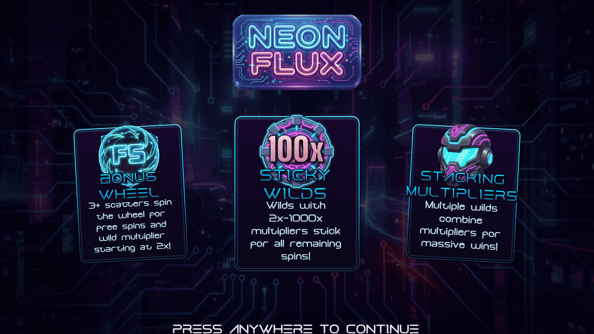Neon Flux slot intro screen