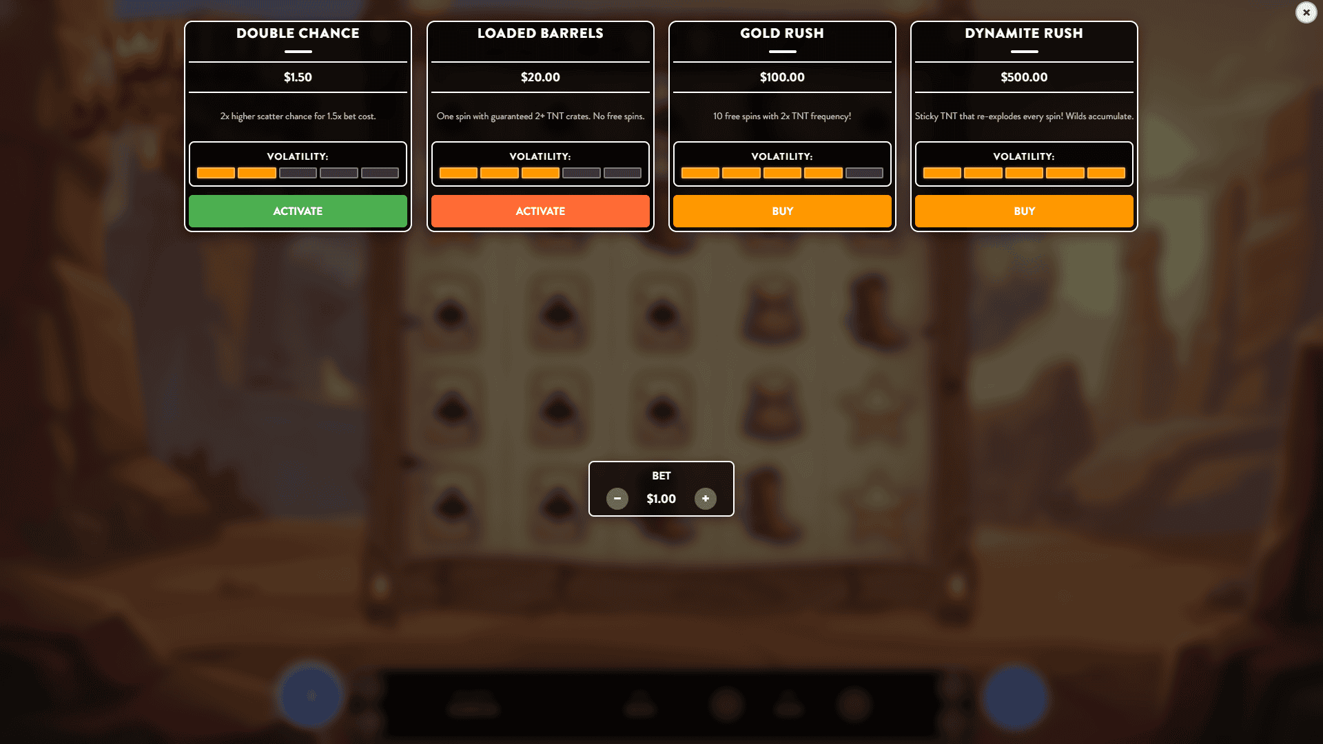 Wild Dynamite bonus buy menu