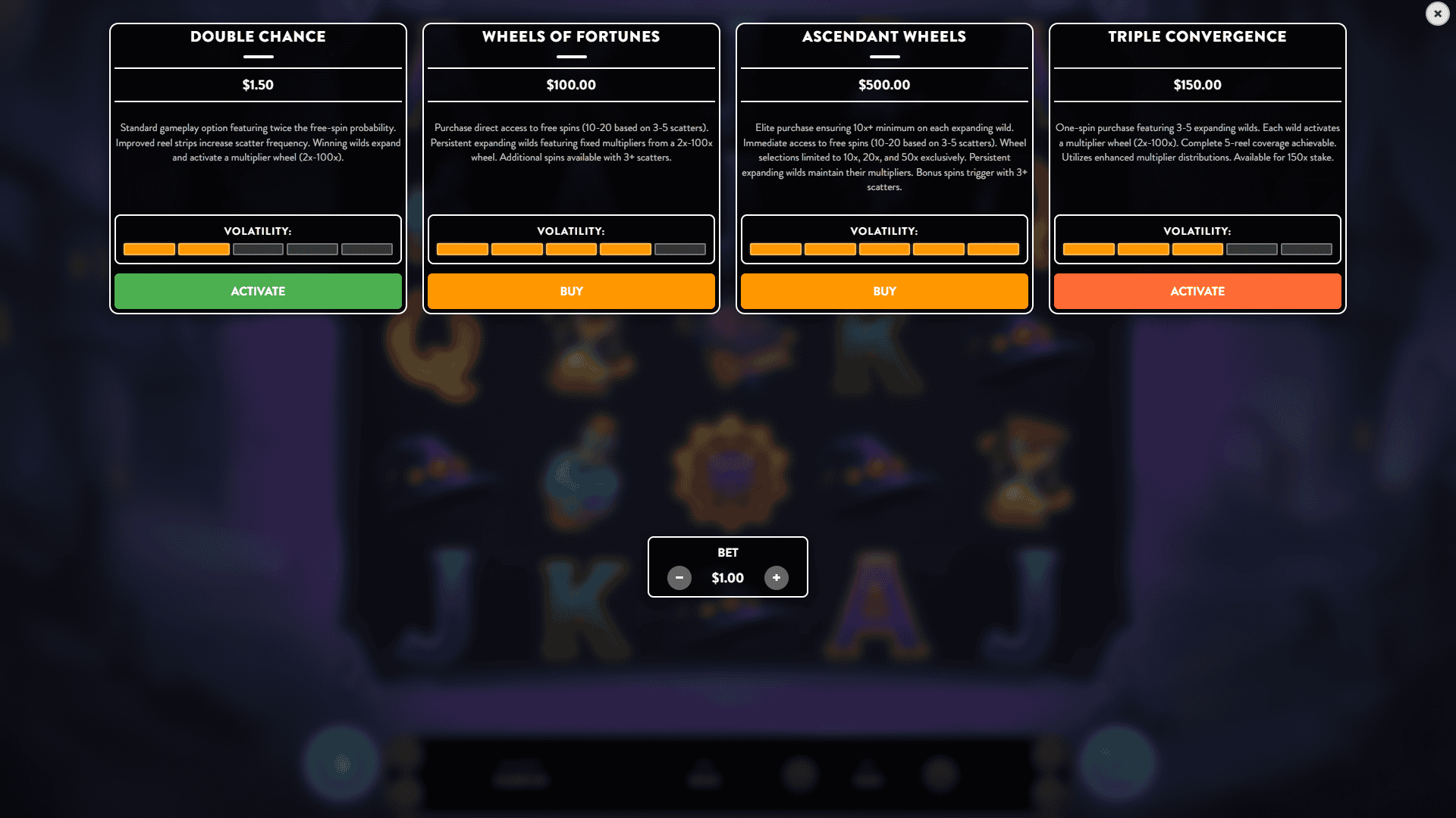 Wizard Wheels bonus buy menu