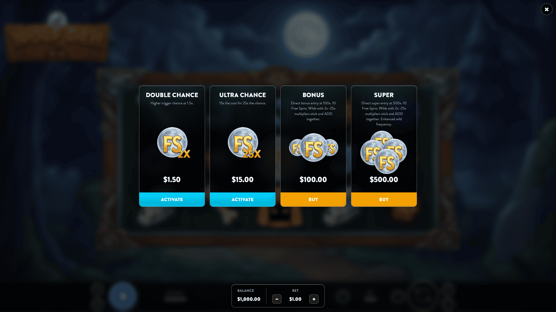 Wolf Den bonus buy menu