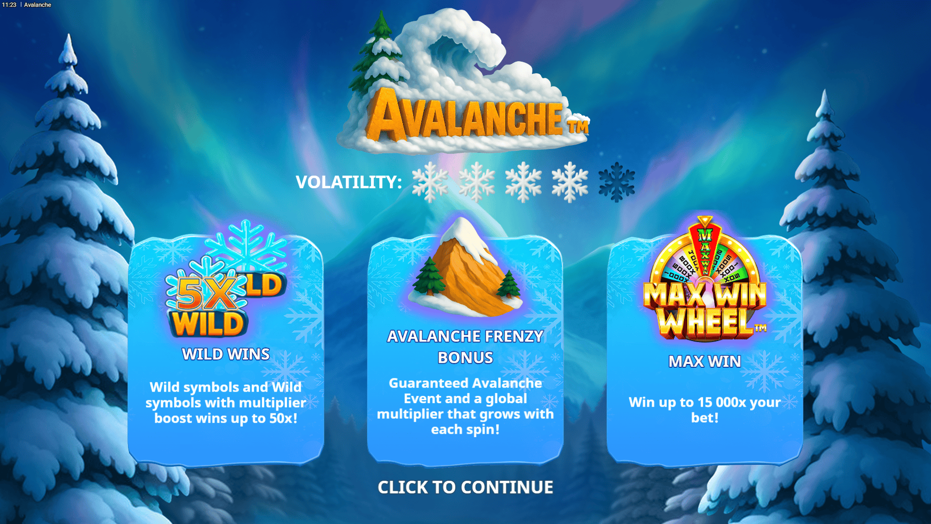 Avalanche slot intro screen