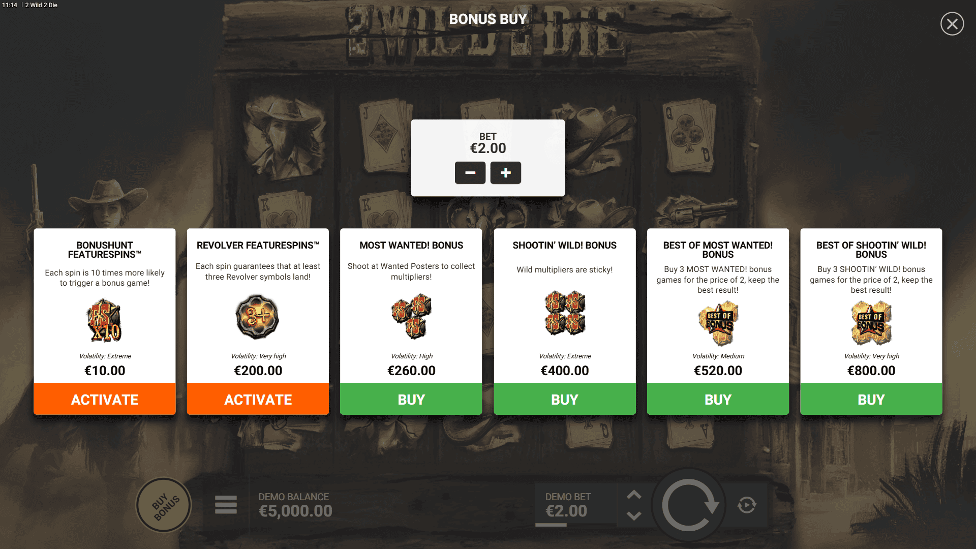 2 Wild 2 Die bonus buy menu