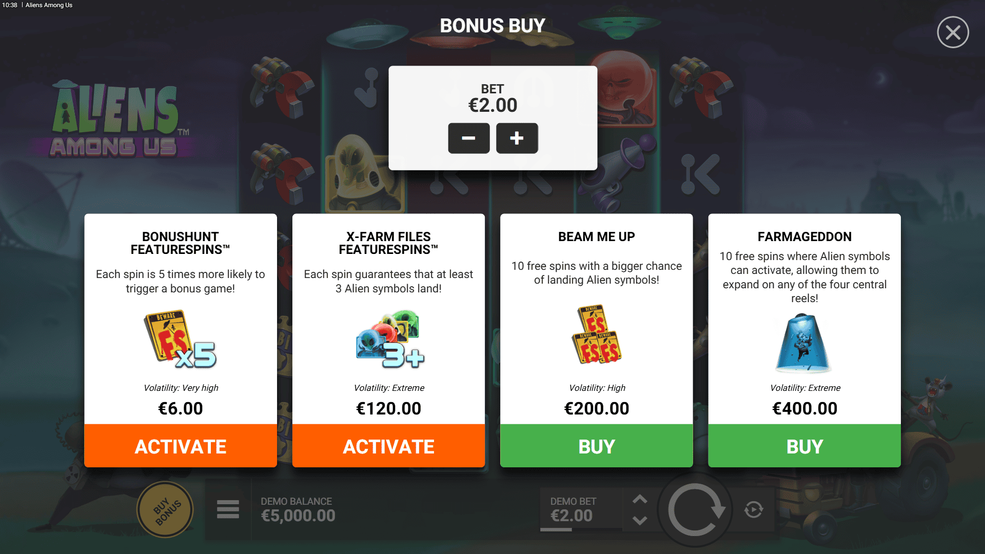 Aliens Among Us bonus buy menu