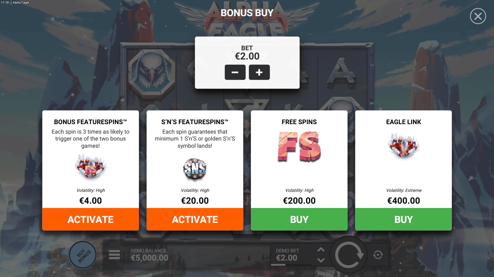 Alpha Eagle bonus buy menu