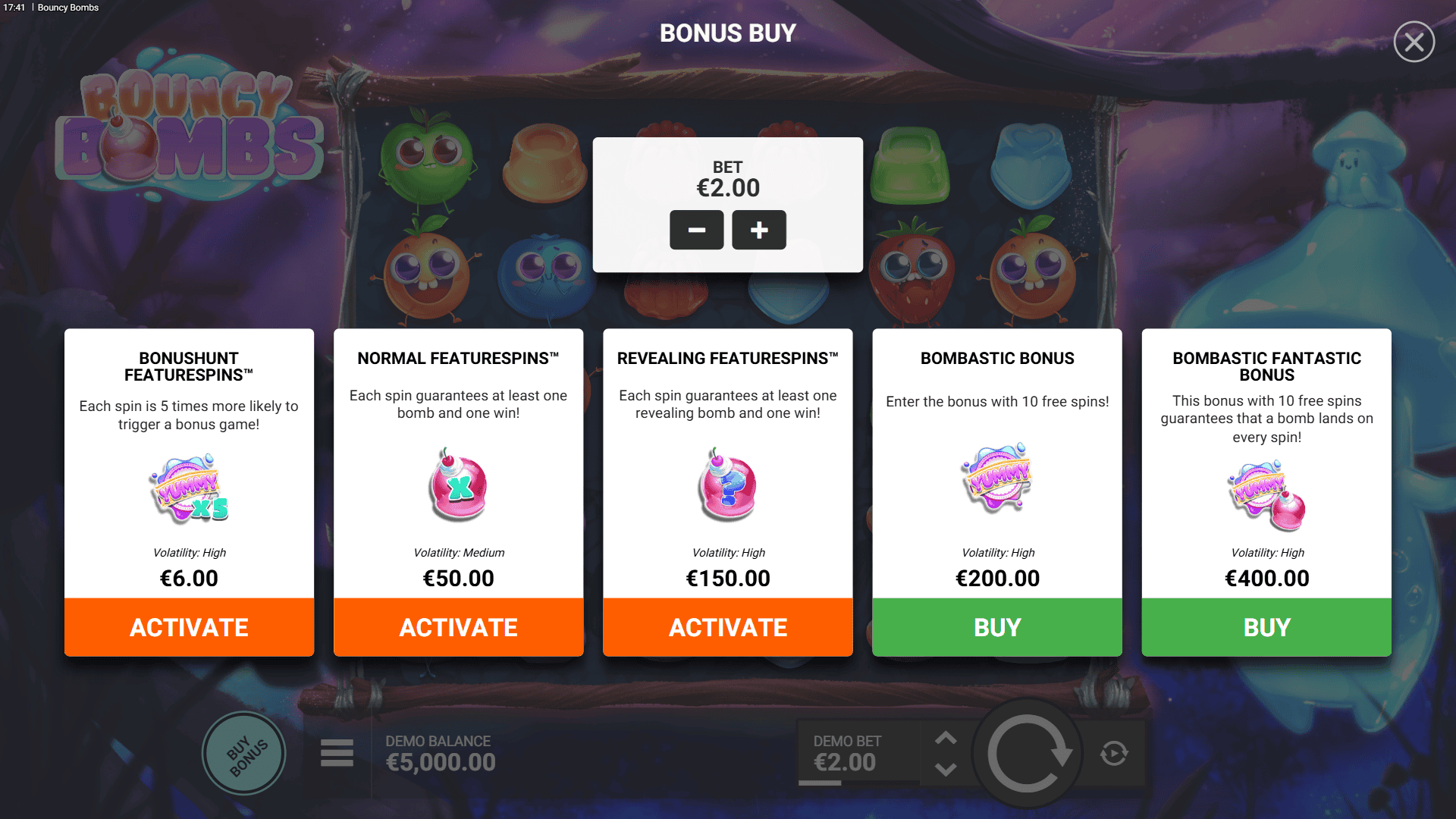 Bouncy Bombs bonus buy menu