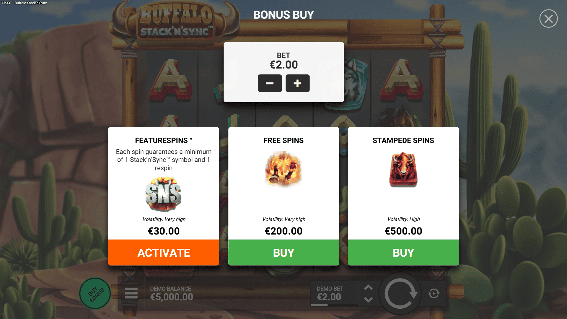 Buffalo Stack ‘n’ Sync bonus buy menu