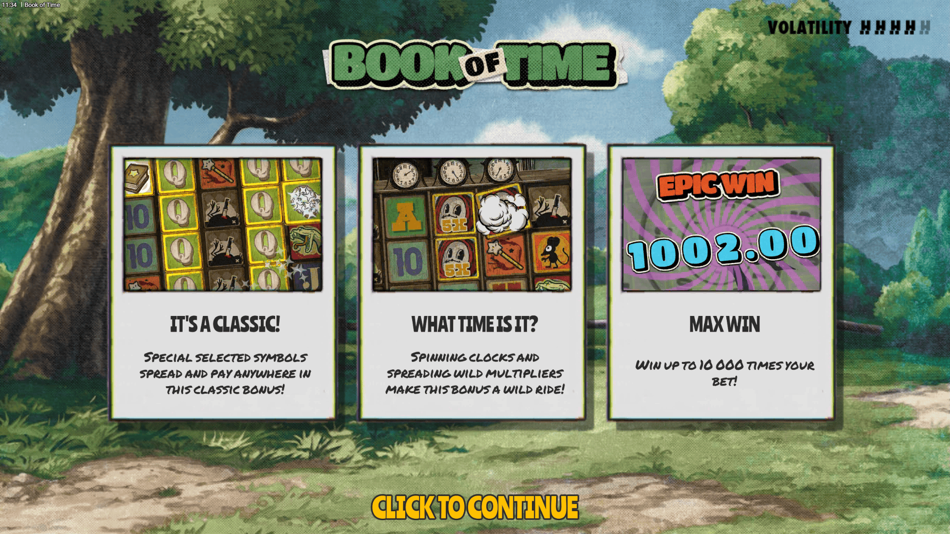Book of Time slot intro screen