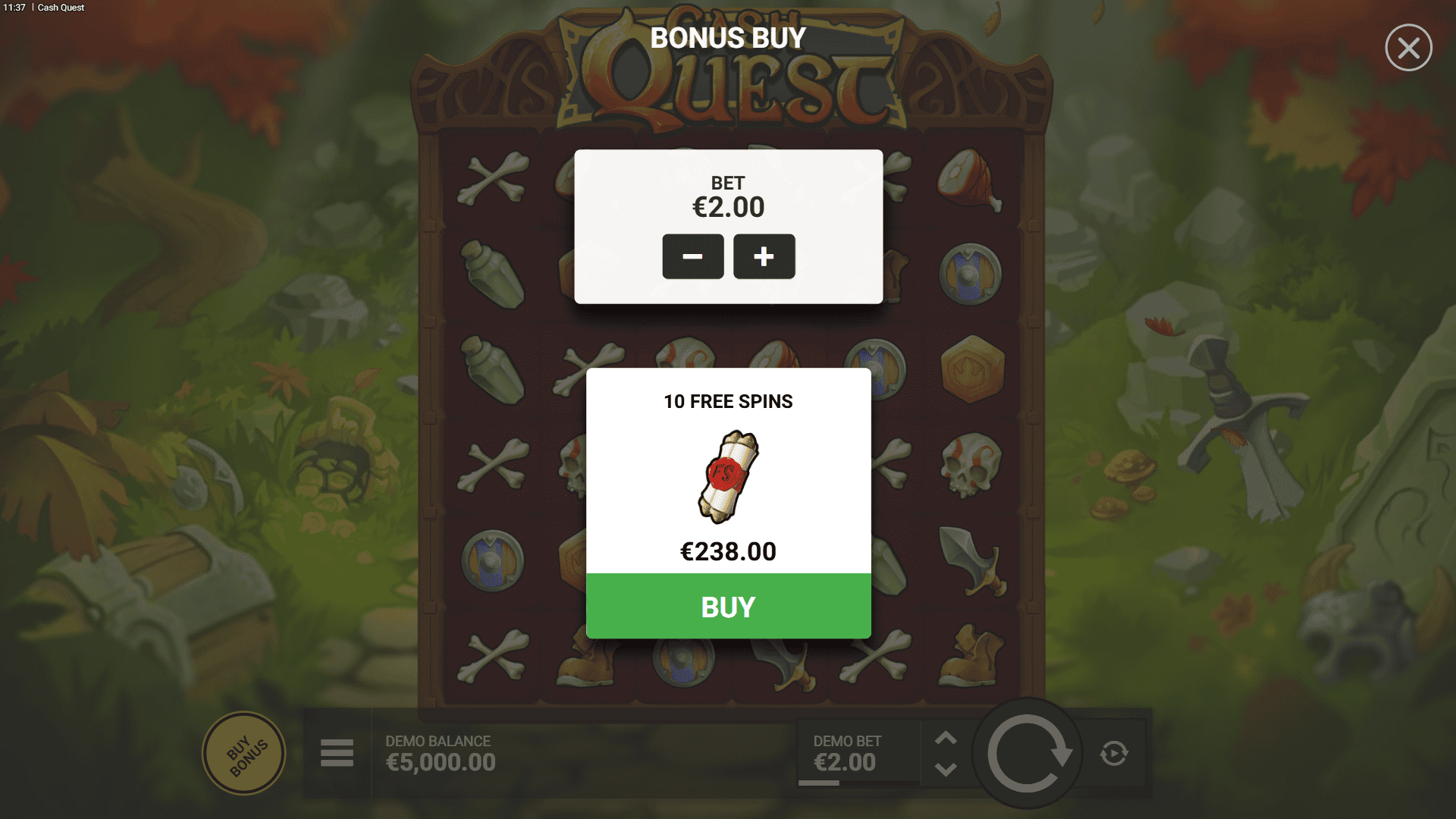 Cash Quest bonus buy menu