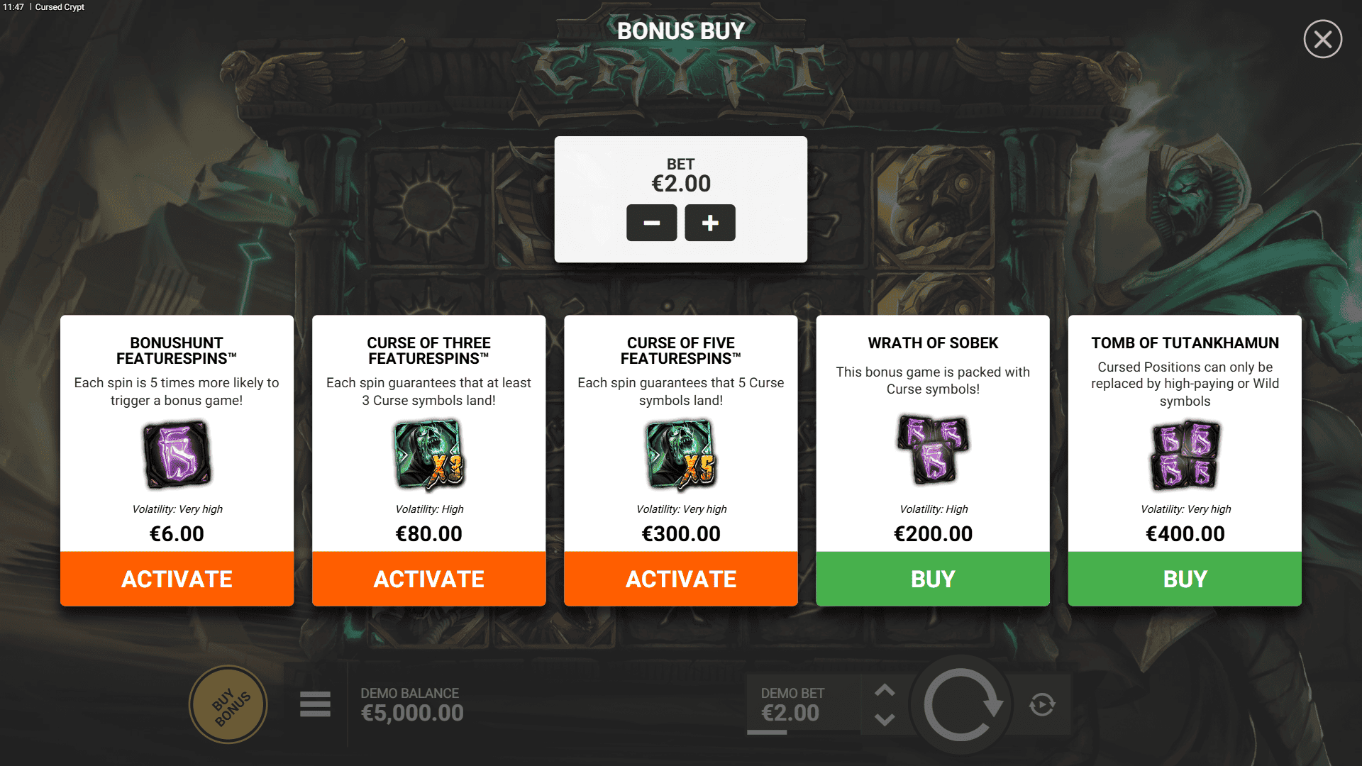 Cursed Crypt bonus buy menu