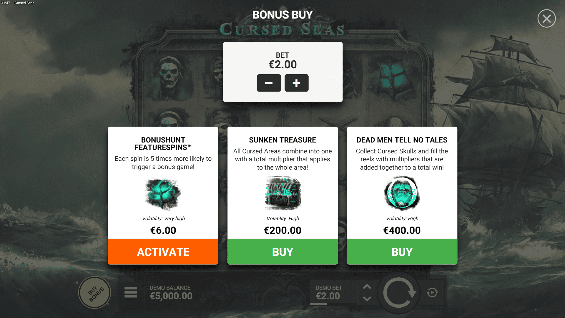 Cursed Seas bonus buy menu