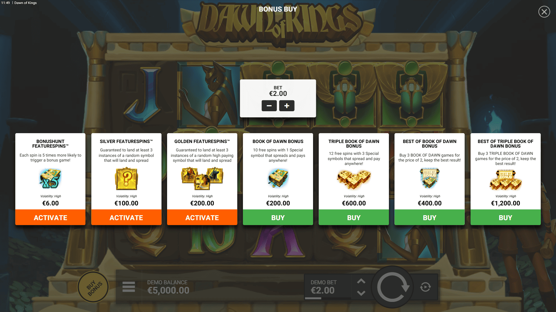 Dawn of Kings bonus buy menu