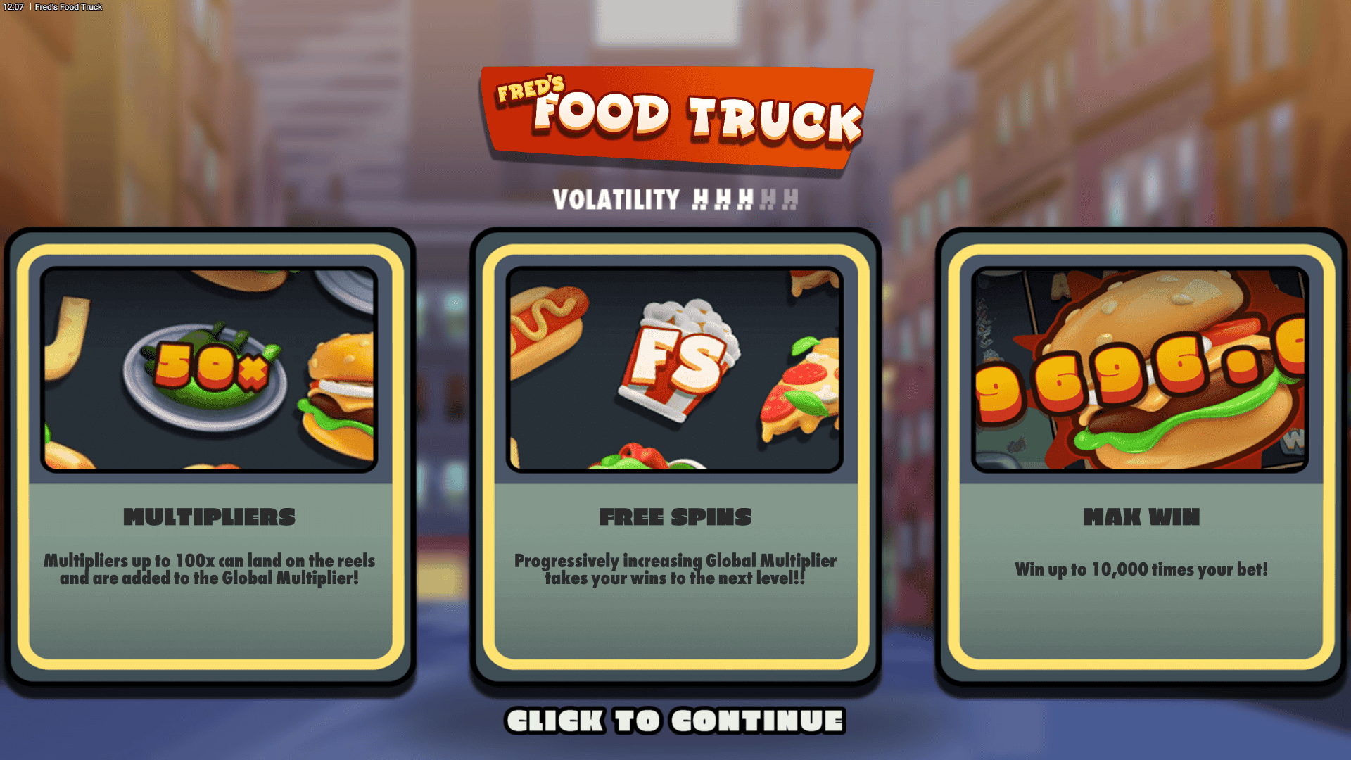 Fred's Food Truck slot intro screen