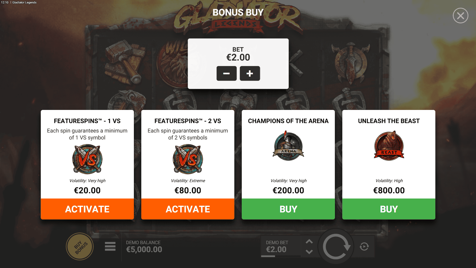 Gladiator Legends bonus buy menu
