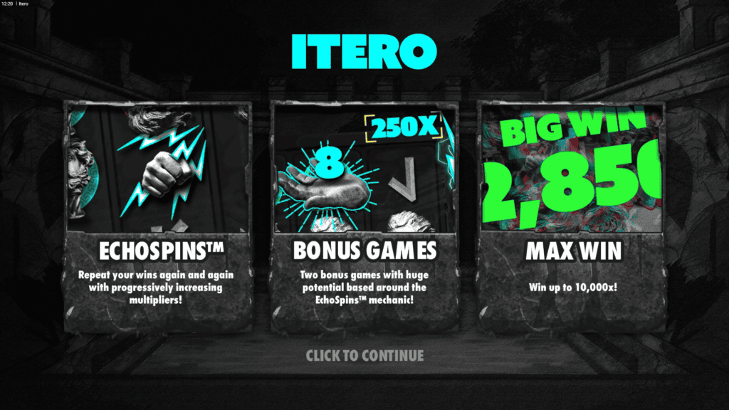 Hacksaw gaming itero echospins intro screen
