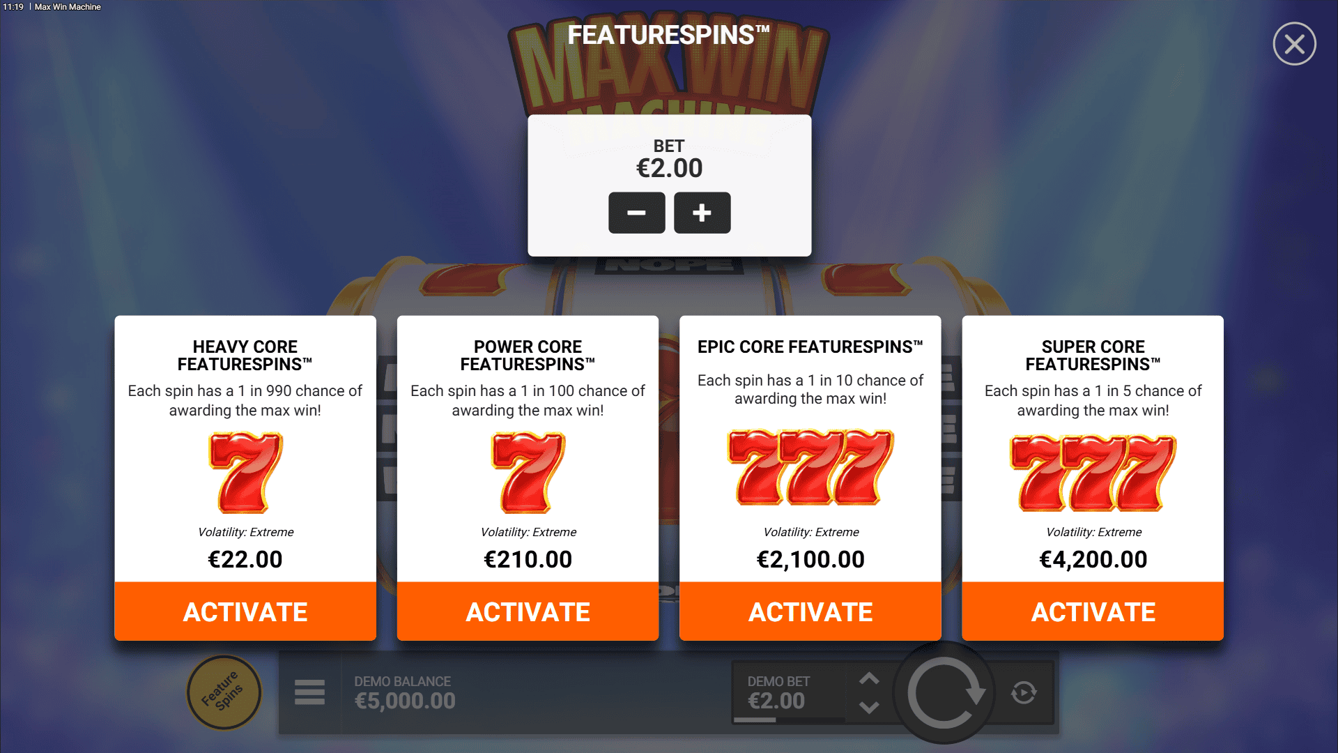 Max Win Machine bonus buy menu