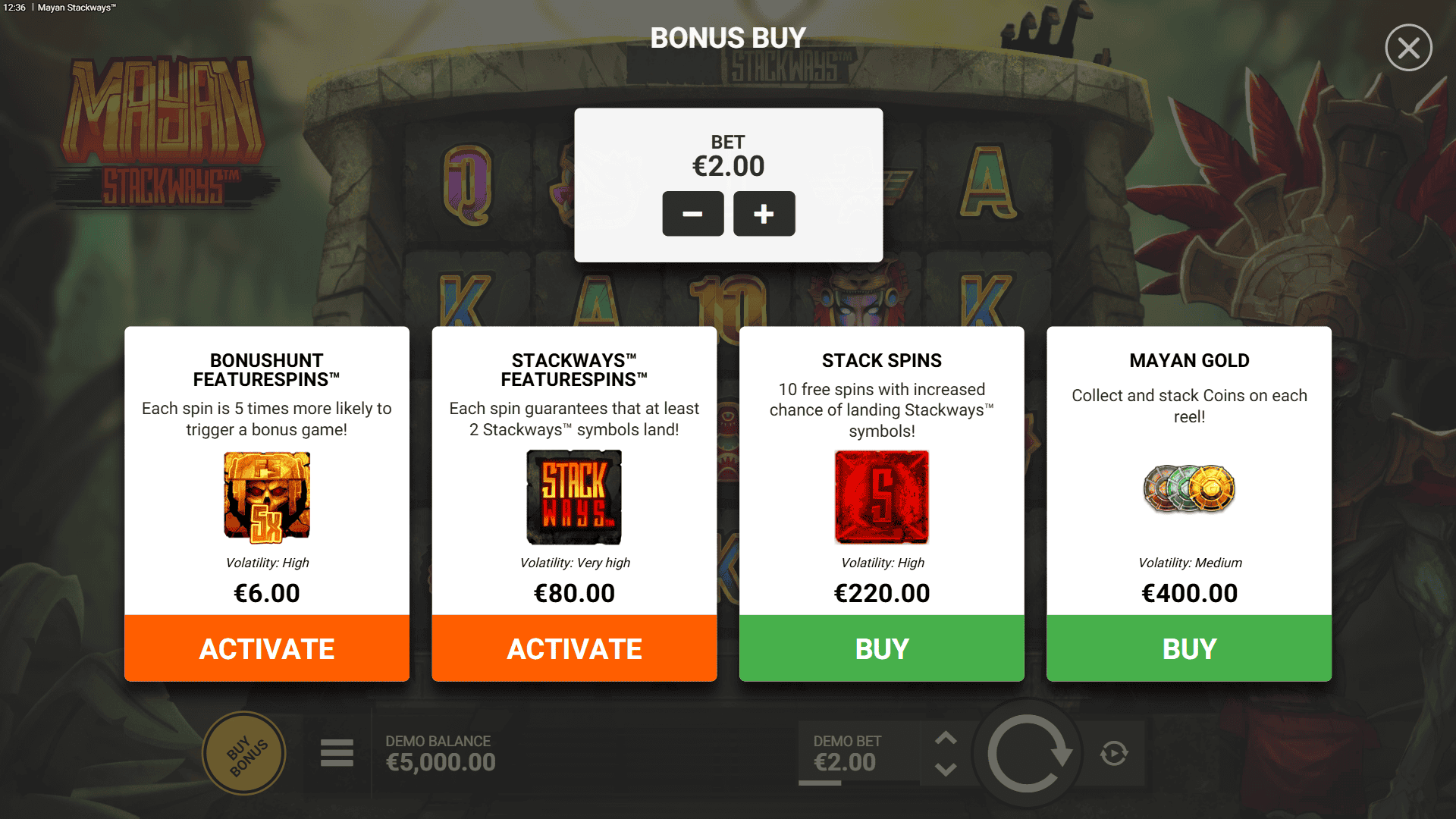Mayan Stackways bonus buy menu