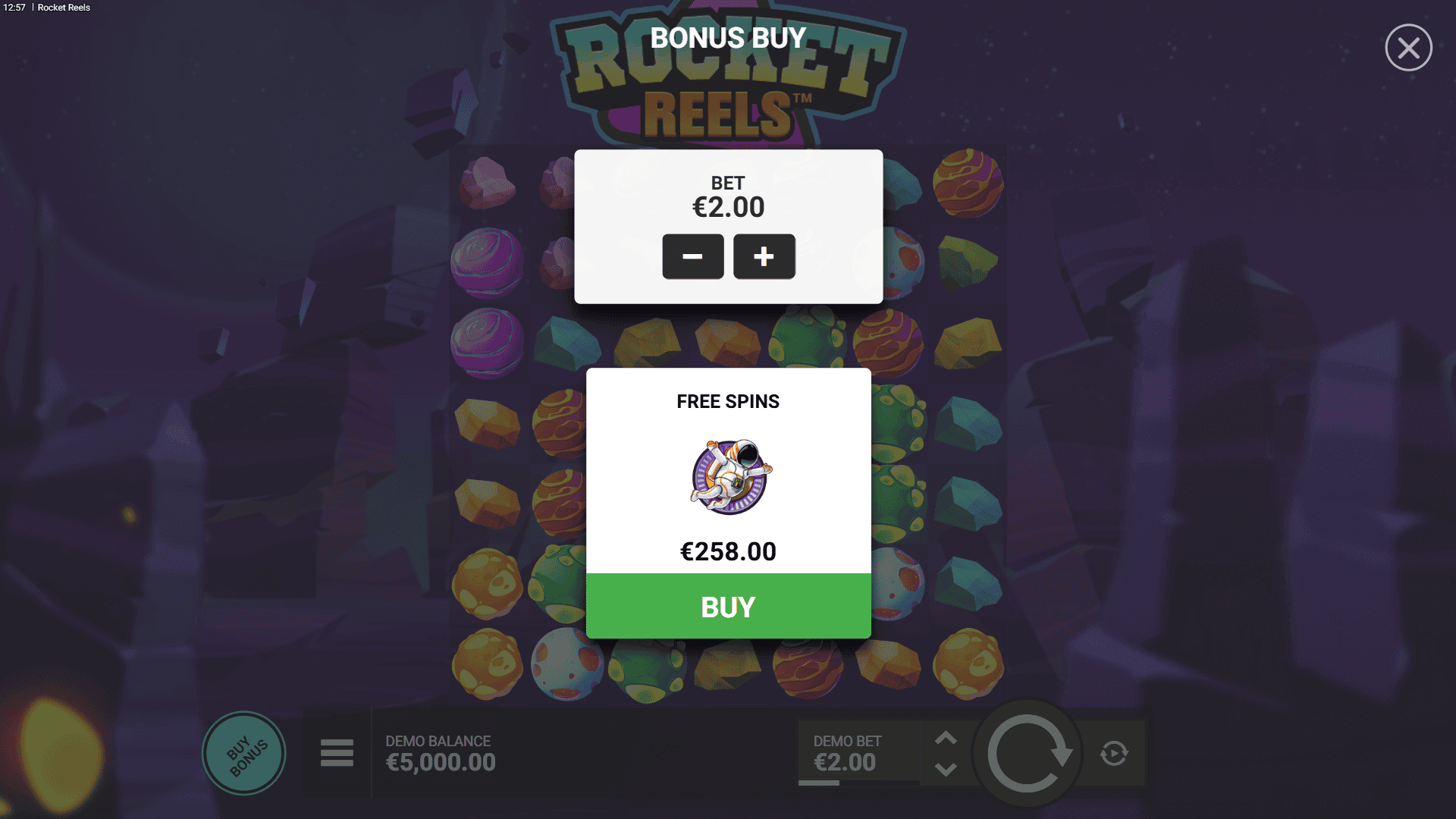 Rocket Reels bonus buy menu