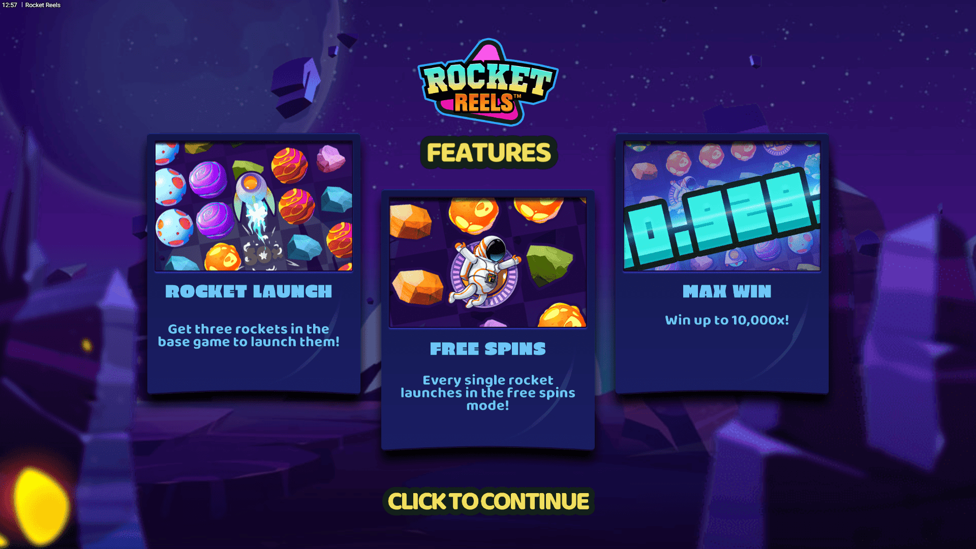 Rocket Reels slot intro screen