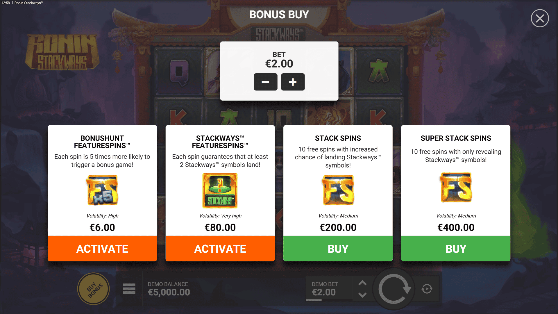 Ronin Stackways bonus buy menu