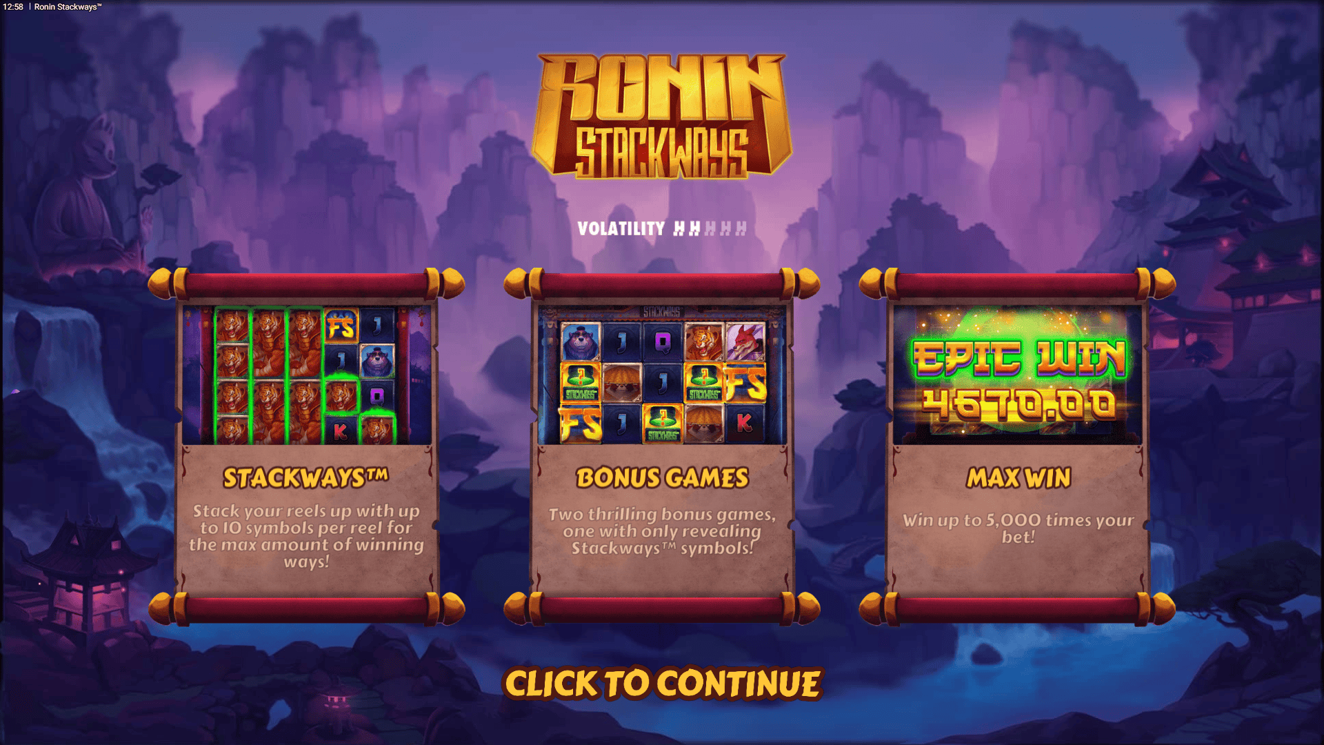 Ronin Stackways slot intro screen