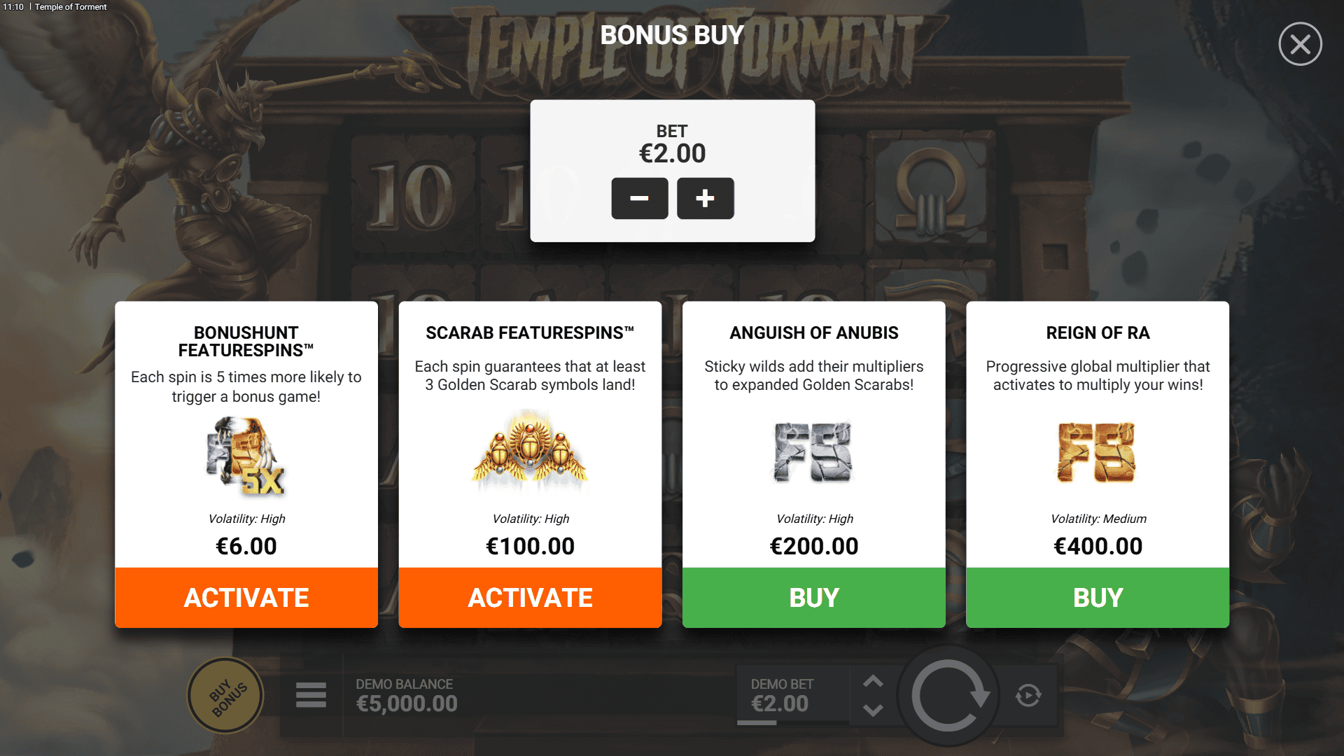 Temple of Torment bonus buy menu