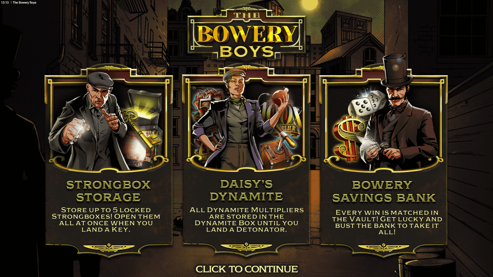 The Bowery Boys slot intro screen