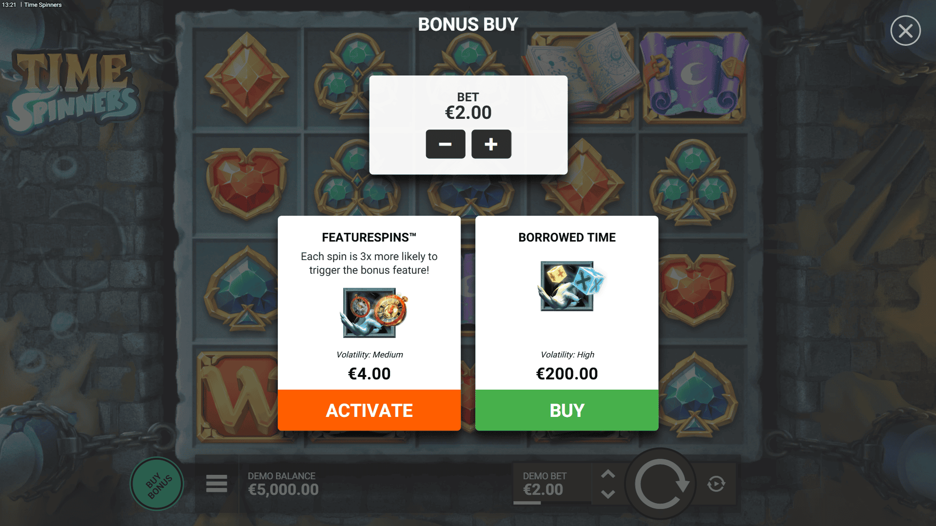 Time Spinners bonus buy menu